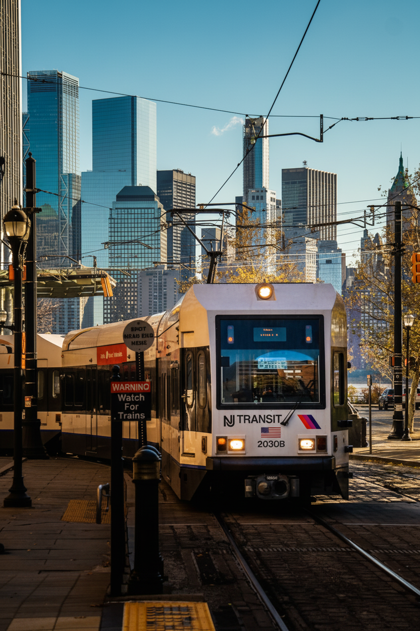 NJ TRANSIT light rail vehicle traveling through downtown tracks